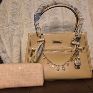 Anne Klein Tan Satchel & Wallet Set w/Vintage Anne Klein Scarf Included